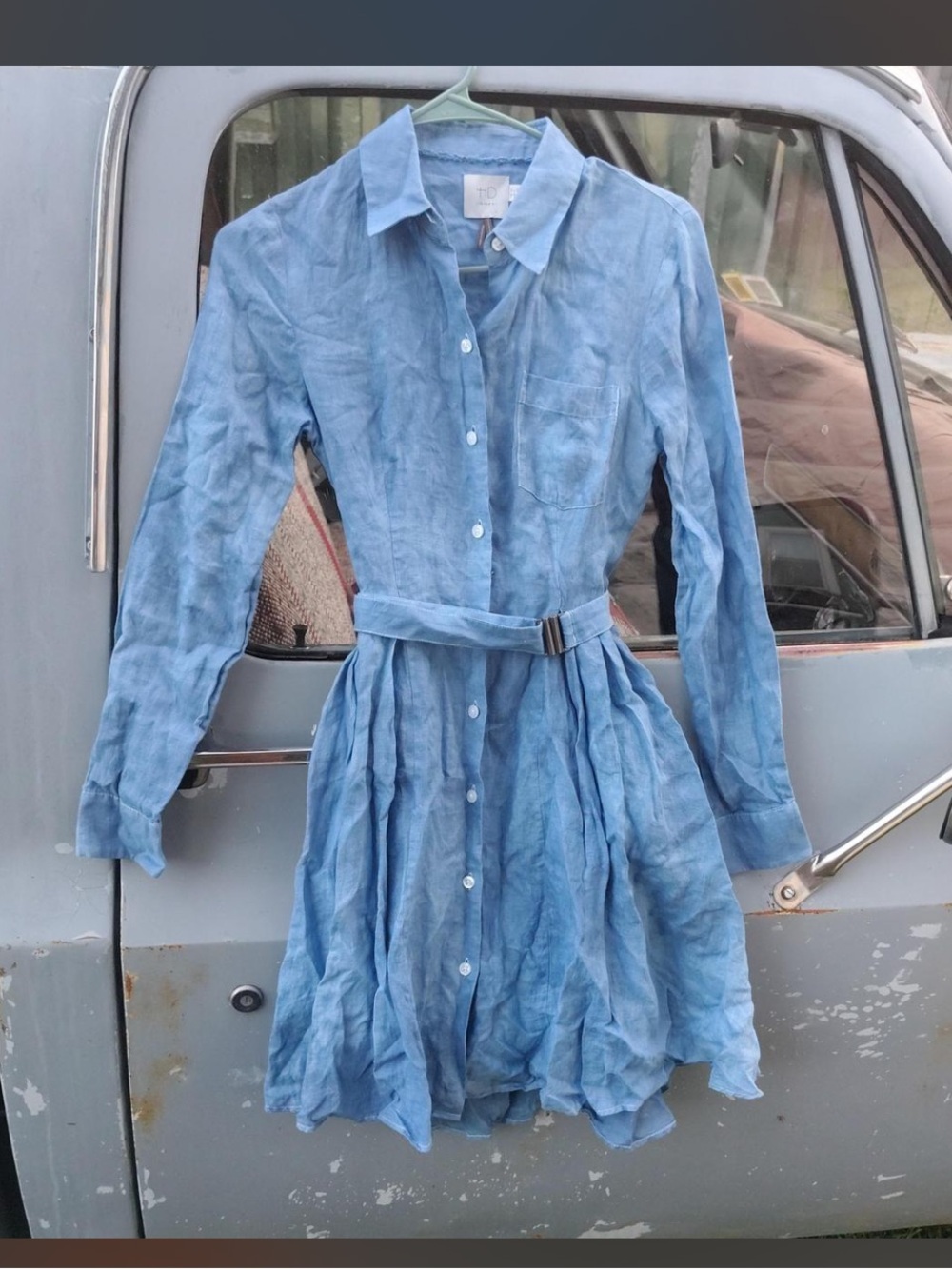 Anthropologie HD in Paris Light Blue Long Sleeve Button-Front Dress with Belt